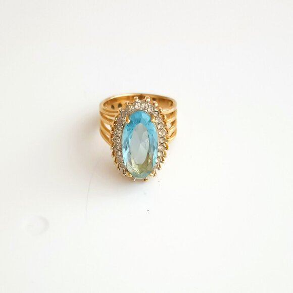 Gold Solitaire Oval Light Blue Ring 8.75 Clear Stone Baguettes Statement Jewelry - Picture 1 of 9